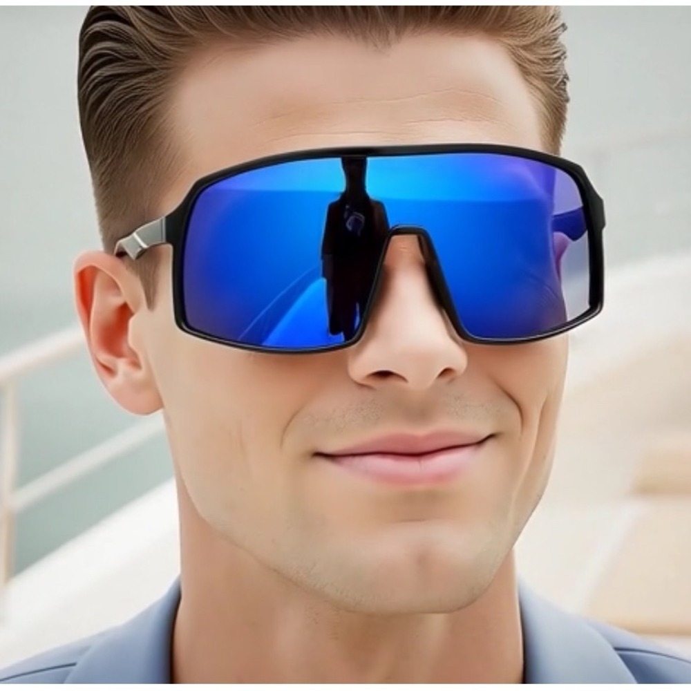 Men Sunglasses Blue Mirror Lens Black Frame Shield‎ Style
